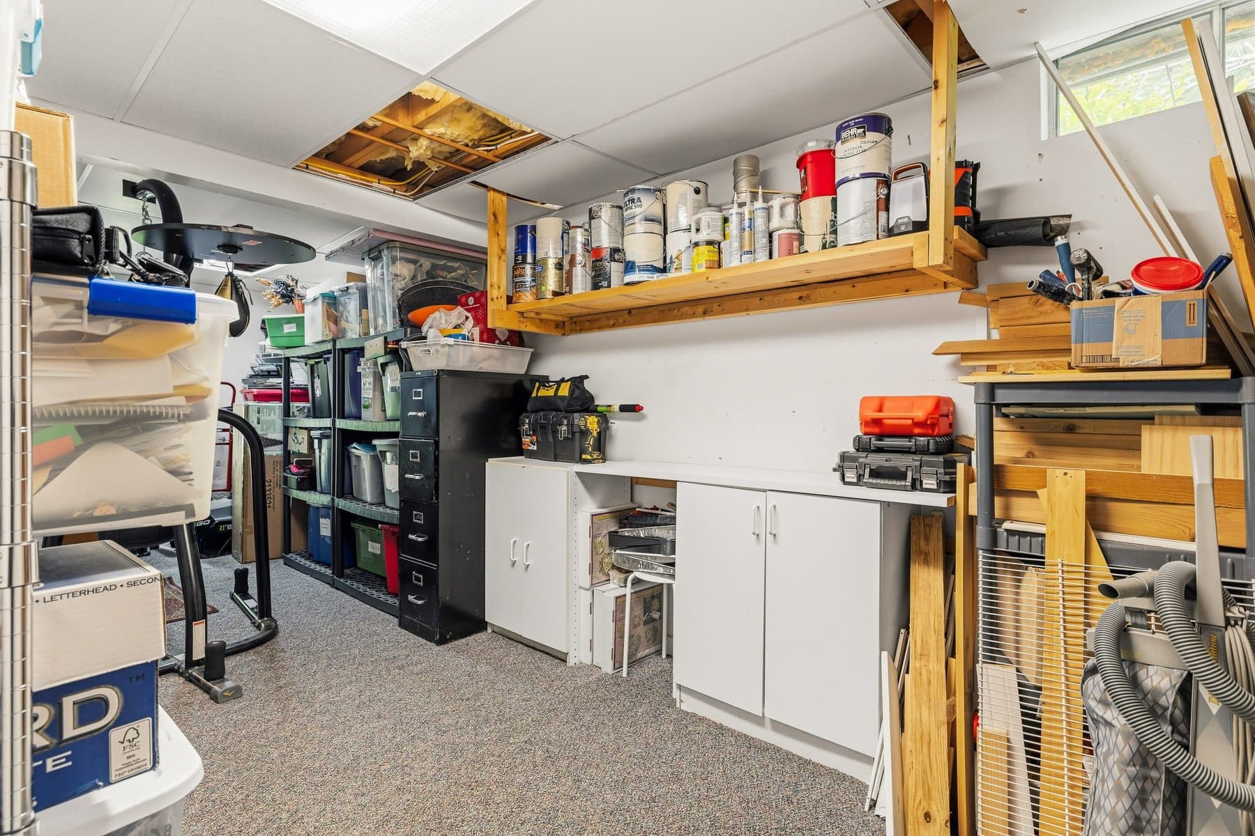 The lower level storage and workshop room with shelving and cabinets
